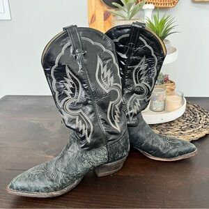 Tony Lama Cowboy Boot 9.5 B Black Shrunken Bull Shoulder USA 6252 Blue Gray